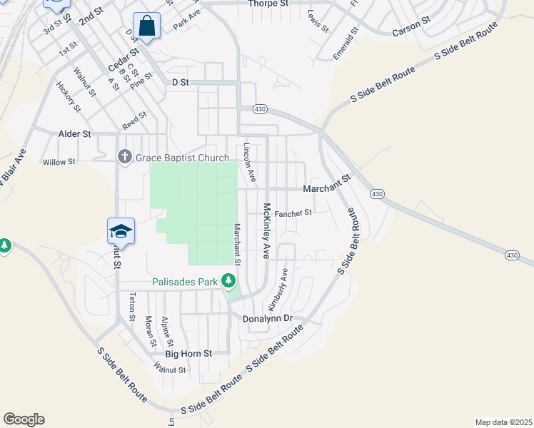 map of restaurants, bars, coffee shops, grocery stores, and more near 1298 Fancher Street in Rock Springs