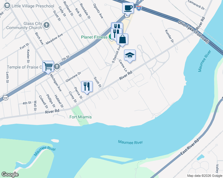 map of restaurants, bars, coffee shops, grocery stores, and more near 633 Miami Manor in Maumee