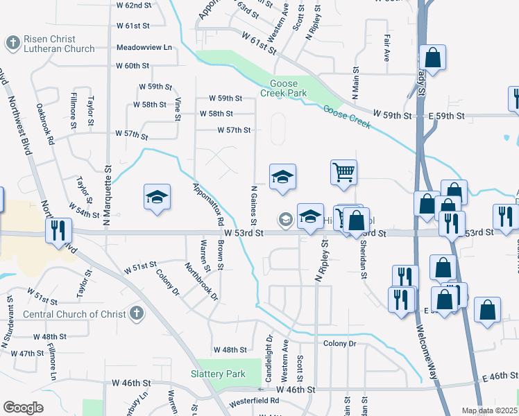 map of restaurants, bars, coffee shops, grocery stores, and more near 5317 North Gaines Street in Davenport