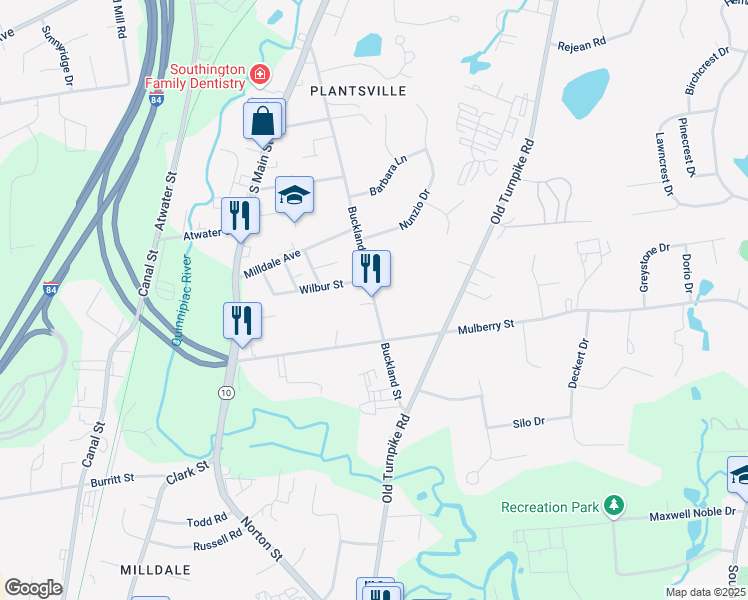 map of restaurants, bars, coffee shops, grocery stores, and more near 307 Buckland Street in Southington