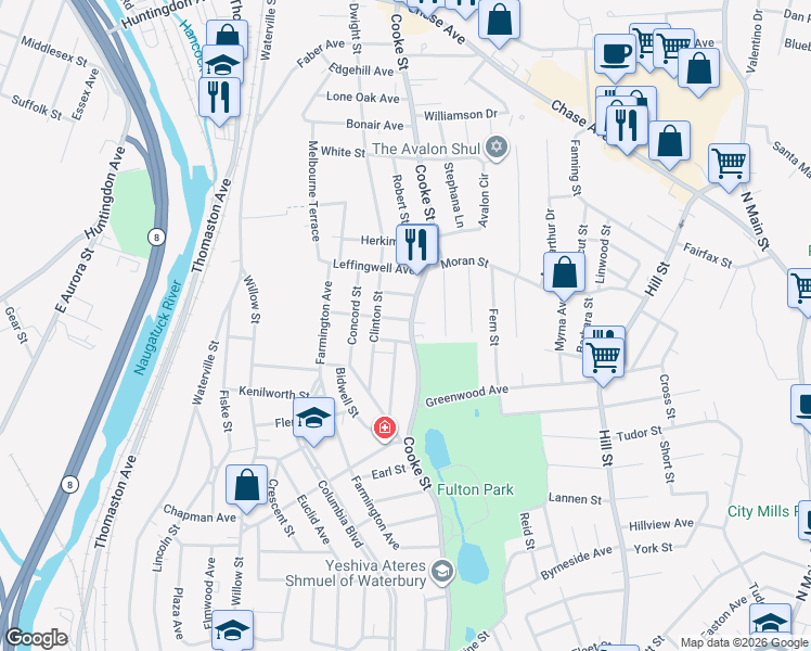 map of restaurants, bars, coffee shops, grocery stores, and more near 29 Gordon Street in Waterbury