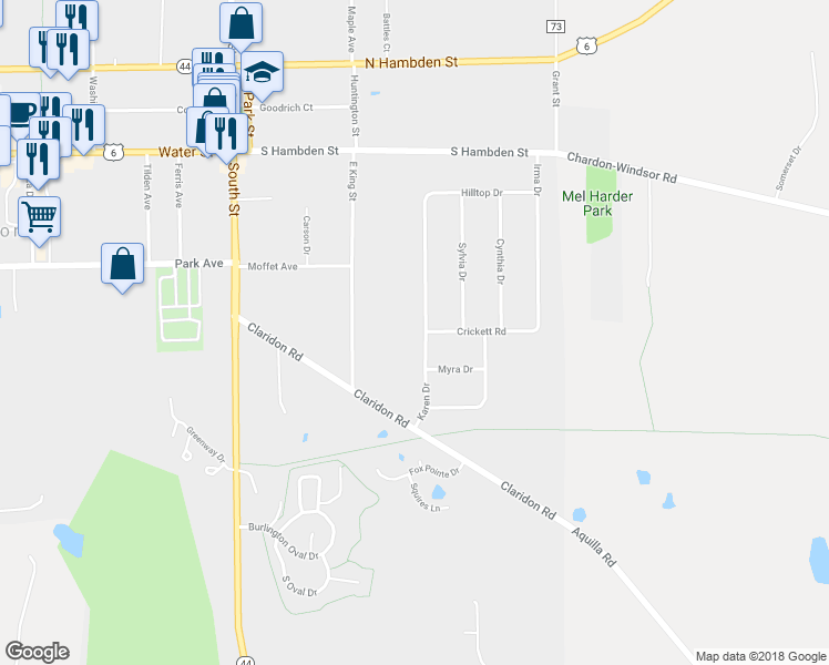 map of restaurants, bars, coffee shops, grocery stores, and more near 416 Karen Drive in Chardon