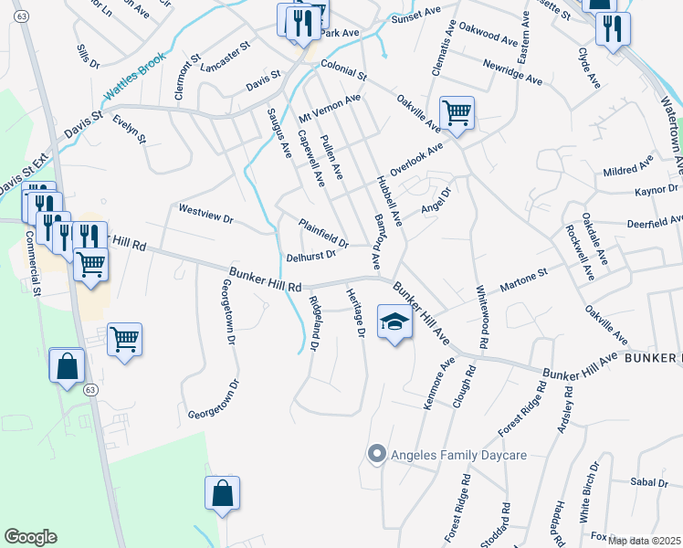 map of restaurants, bars, coffee shops, grocery stores, and more near 984 Bunker Hill Avenue in Waterbury