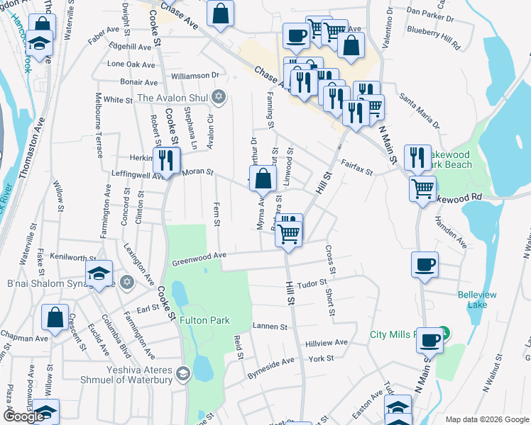 map of restaurants, bars, coffee shops, grocery stores, and more near 42 Barbara Street in Waterbury