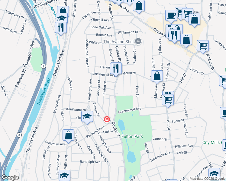 map of restaurants, bars, coffee shops, grocery stores, and more near 29 Gordon Street in Waterbury