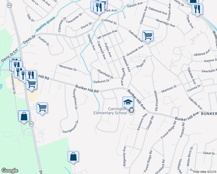 map of restaurants, bars, coffee shops, grocery stores, and more near 984 Bunker Hill Avenue in Waterbury
