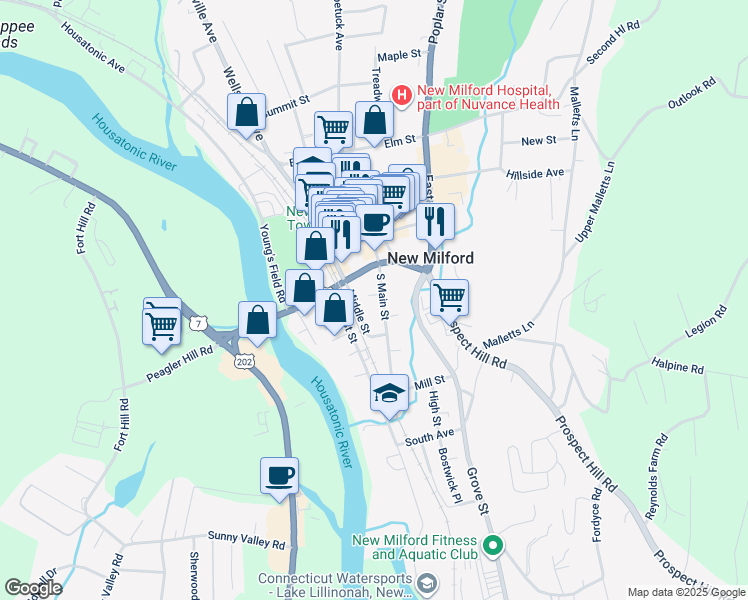 map of restaurants, bars, coffee shops, grocery stores, and more near 15 Middle Street in New Milford