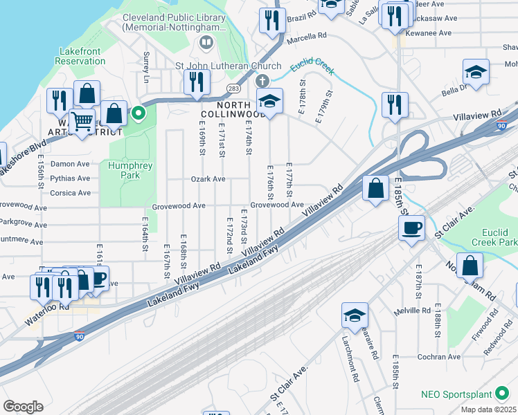map of restaurants, bars, coffee shops, grocery stores, and more near 1184 East 176th Street in Cleveland