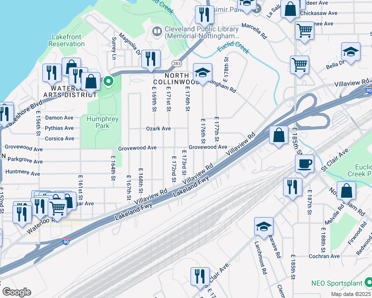 map of restaurants, bars, coffee shops, grocery stores, and more near 17216 Grovewood Avenue in Cleveland