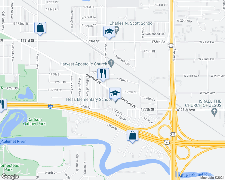 map of restaurants, bars, coffee shops, grocery stores, and more near 3625 Orchard Drive in Hammond