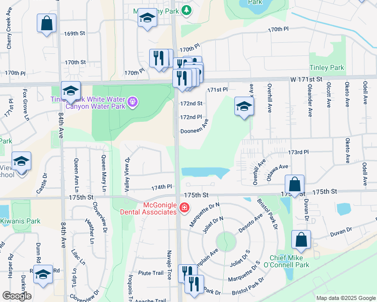 map of restaurants, bars, coffee shops, grocery stores, and more near 17301 80th Avenue in Tinley Park