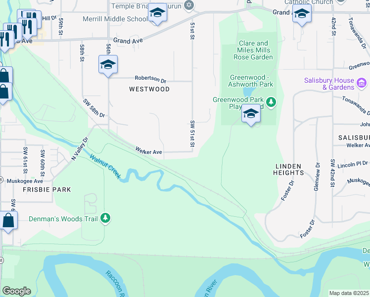 map of restaurants, bars, coffee shops, grocery stores, and more near 5105 Welker Avenue in Des Moines