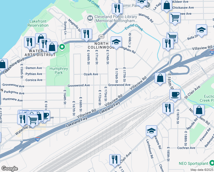 map of restaurants, bars, coffee shops, grocery stores, and more near 17216 Grovewood Avenue in Cleveland