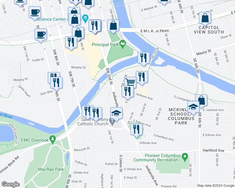 map of restaurants, bars, coffee shops, grocery stores, and more near 1616 Southwest 1st Street in Des Moines