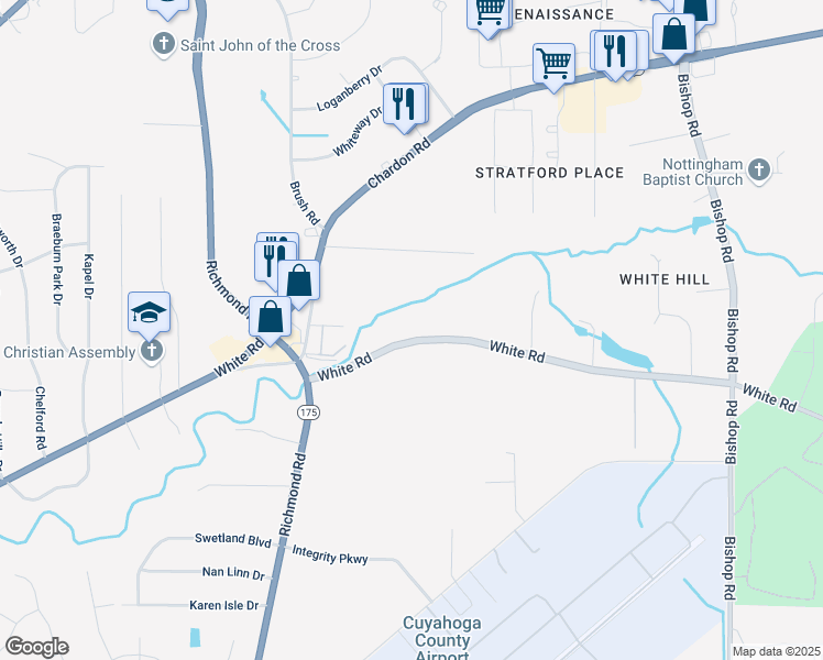map of restaurants, bars, coffee shops, grocery stores, and more near 26441 White Road in Richmond Heights