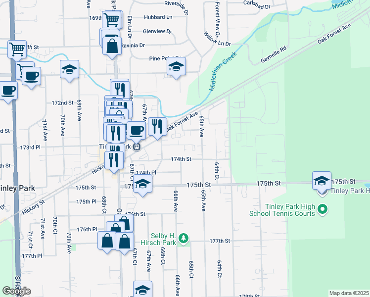map of restaurants, bars, coffee shops, grocery stores, and more near 6537 173rd Place in Tinley Park