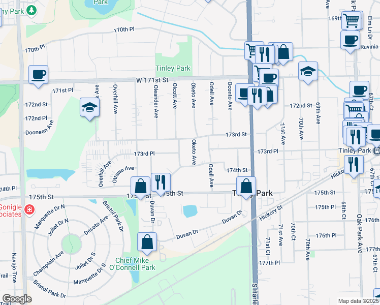 map of restaurants, bars, coffee shops, grocery stores, and more near 17337 Oketo Avenue in Tinley Park