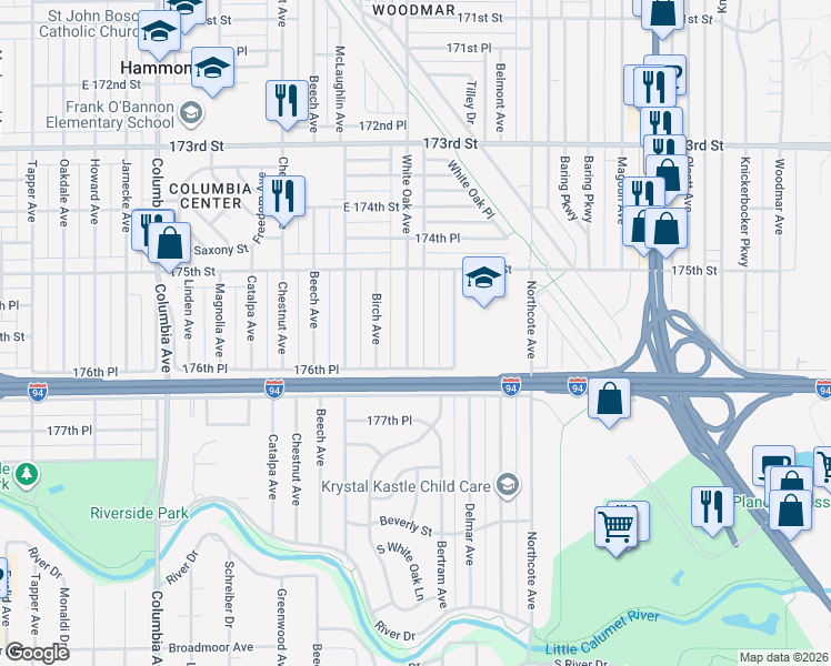 map of restaurants, bars, coffee shops, grocery stores, and more near 7607 White Oak Avenue in Hammond