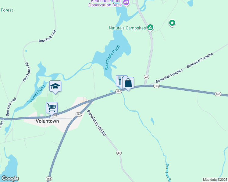 map of restaurants, bars, coffee shops, grocery stores, and more near 65A Beach Pond Road in Voluntown