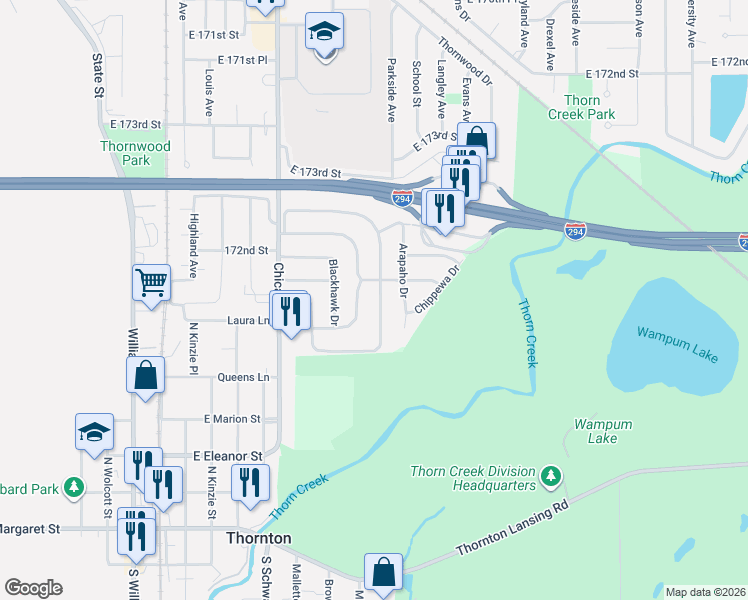 map of restaurants, bars, coffee shops, grocery stores, and more near 69 Indianwood Drive in Thornton