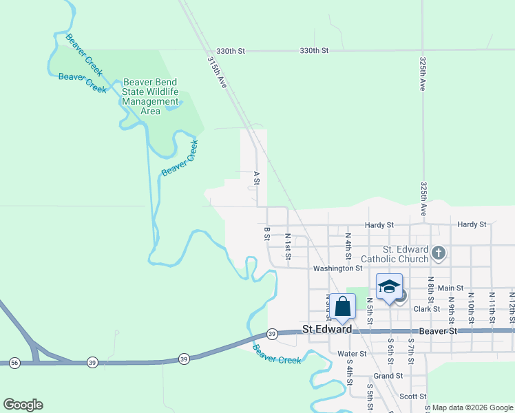 map of restaurants, bars, coffee shops, grocery stores, and more near 107-199 Lover's Lane in Saint Edward