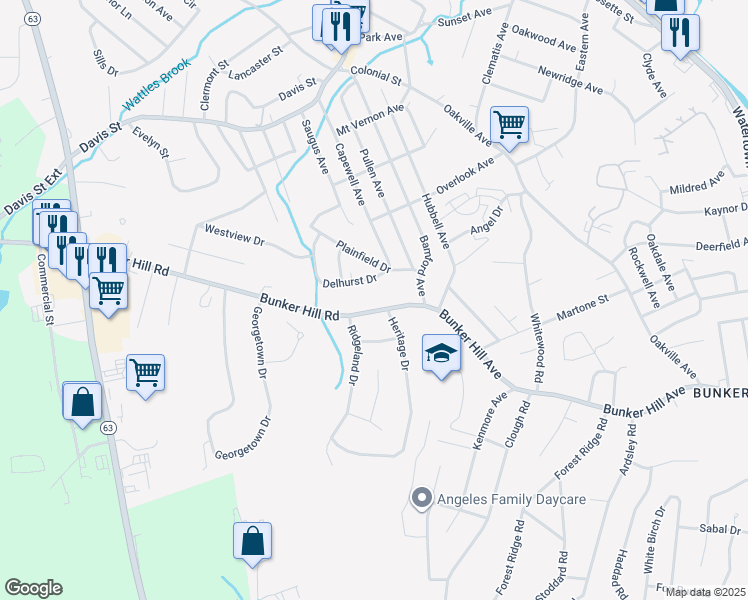 map of restaurants, bars, coffee shops, grocery stores, and more near 984 Bunker Hill Avenue in Waterbury