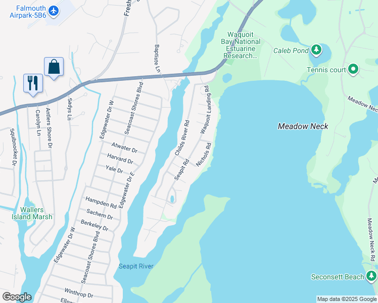 map of restaurants, bars, coffee shops, grocery stores, and more near 91 Seapit Road in Falmouth
