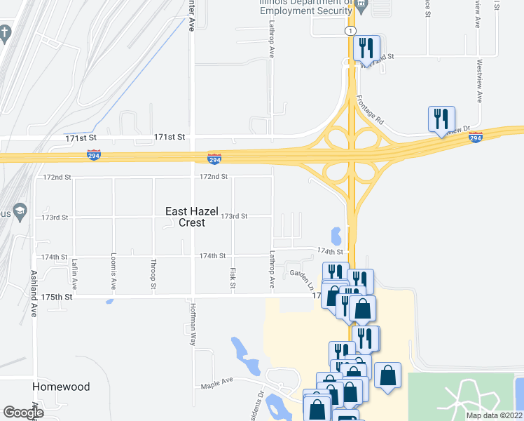 map of restaurants, bars, coffee shops, grocery stores, and more near 1006 173rd Street in Hazel Crest