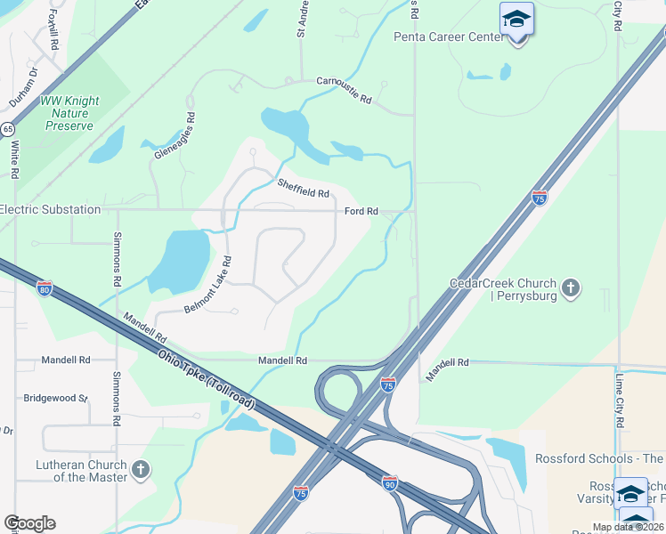 map of restaurants, bars, coffee shops, grocery stores, and more near 9502 Sheffield Road in Perrysburg