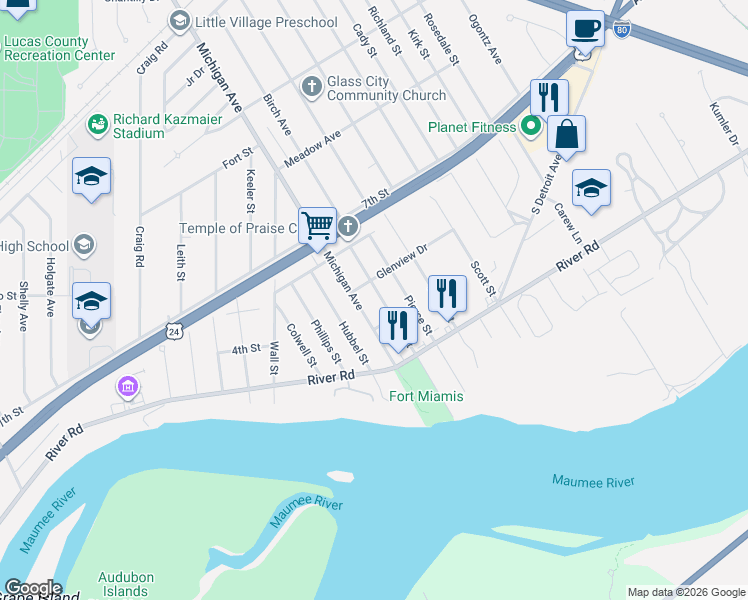 map of restaurants, bars, coffee shops, grocery stores, and more near 813 Corey Street in Maumee