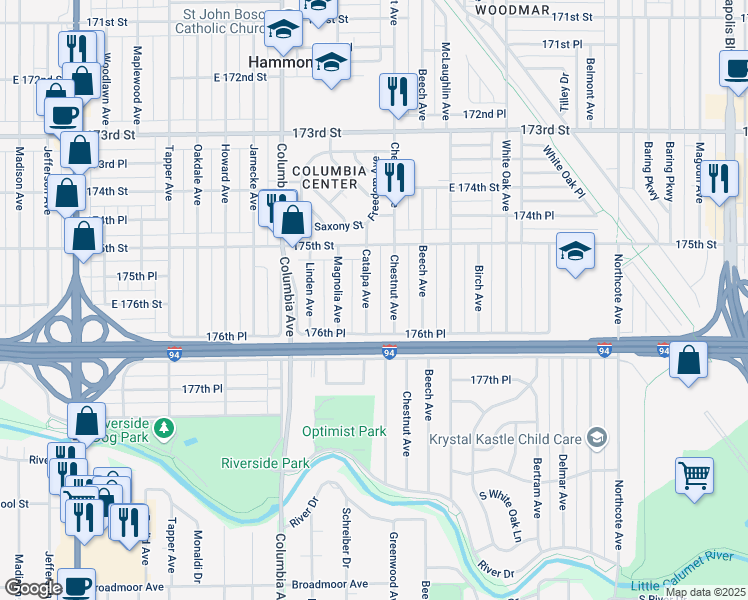 map of restaurants, bars, coffee shops, grocery stores, and more near 7549 Catalpa Avenue in Hammond