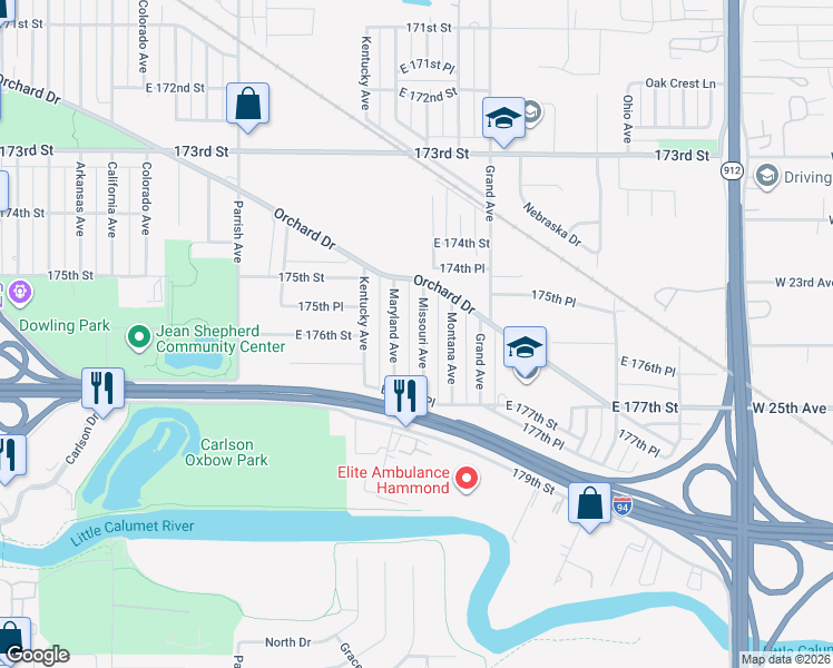 map of restaurants, bars, coffee shops, grocery stores, and more near 7605 Maryland Avenue in Hammond