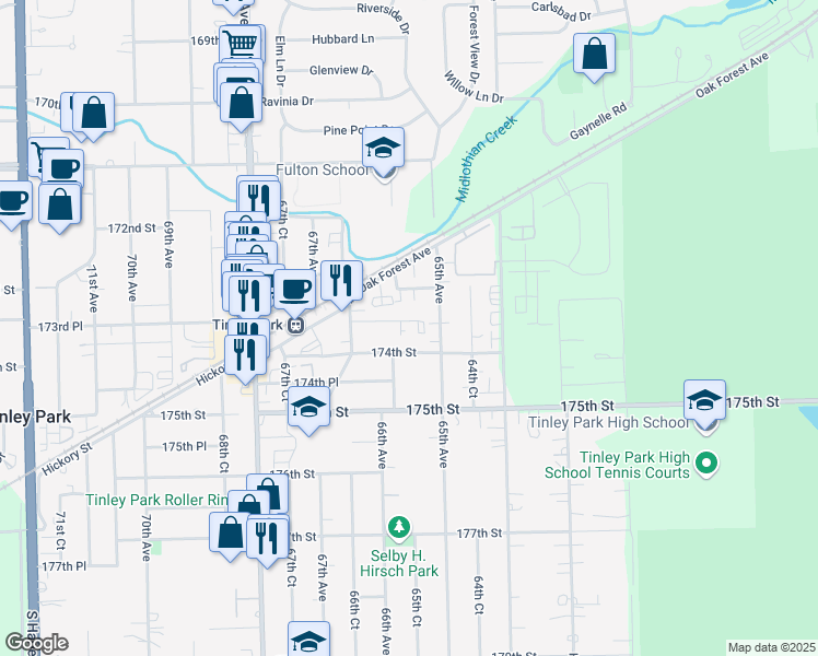 map of restaurants, bars, coffee shops, grocery stores, and more near 6537 173rd Place in Tinley Park