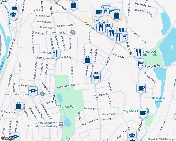 map of restaurants, bars, coffee shops, grocery stores, and more near 42 Barbara Street in Waterbury
