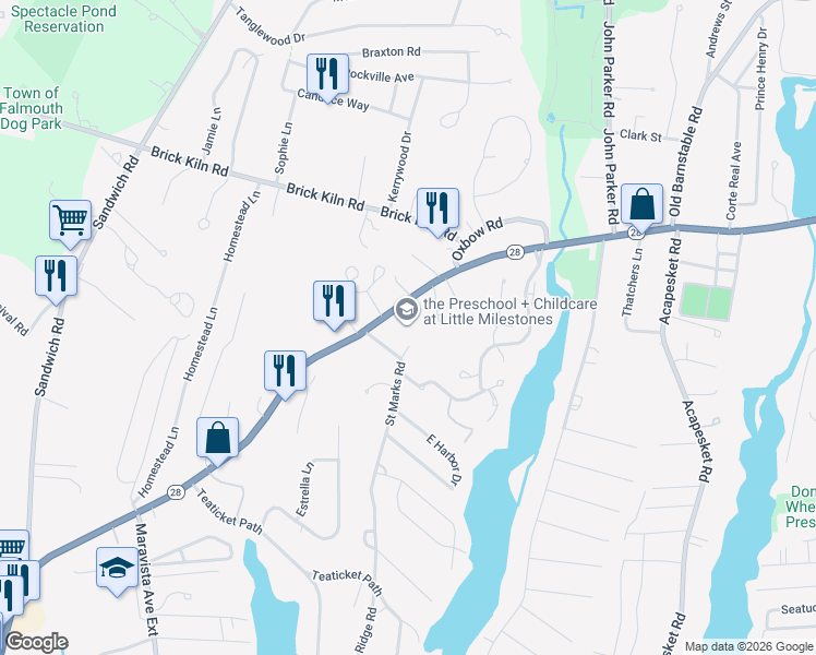 map of restaurants, bars, coffee shops, grocery stores, and more near 805 Teaticket Highway in Falmouth