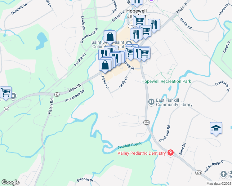 map of restaurants, bars, coffee shops, grocery stores, and more near 18 Trinka Lane in Hopewell Junction
