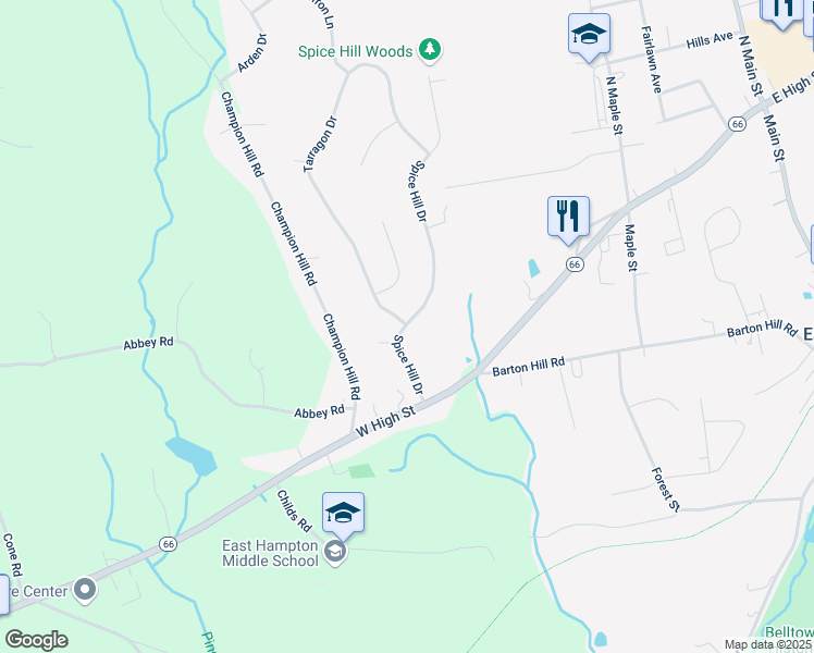 map of restaurants, bars, coffee shops, grocery stores, and more near 20 Spice Hill Drive in East Hampton