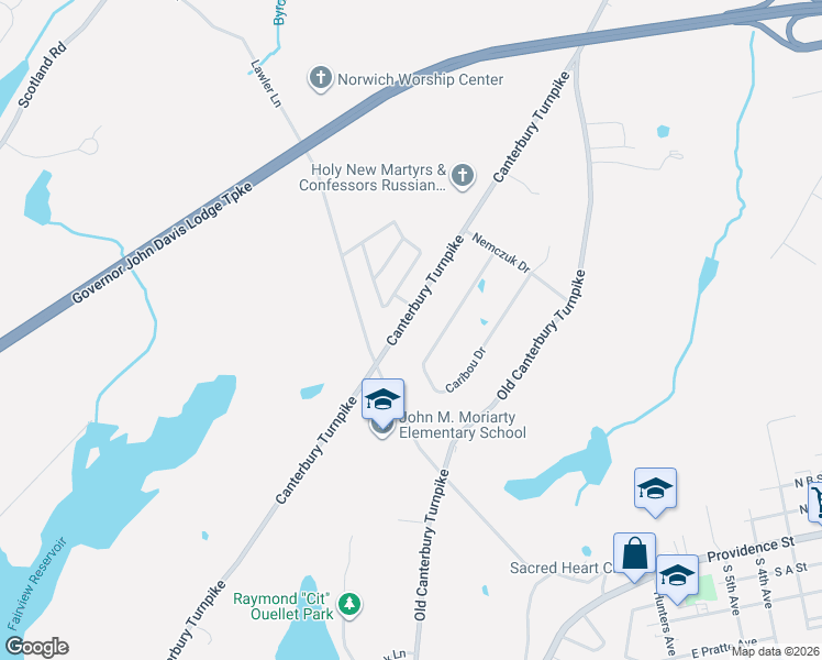 map of restaurants, bars, coffee shops, grocery stores, and more near 38 Caribou Drive in Norwich