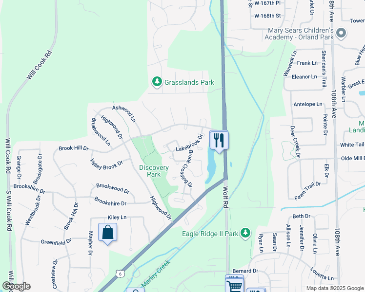map of restaurants, bars, coffee shops, grocery stores, and more near 11350 Lakebrook Court in Orland Park