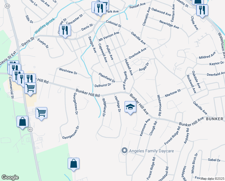 map of restaurants, bars, coffee shops, grocery stores, and more near 984 Bunker Hill Avenue in Waterbury