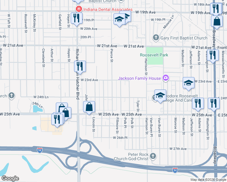 map of restaurants, bars, coffee shops, grocery stores, and more near 2375 Pierce St in Gary