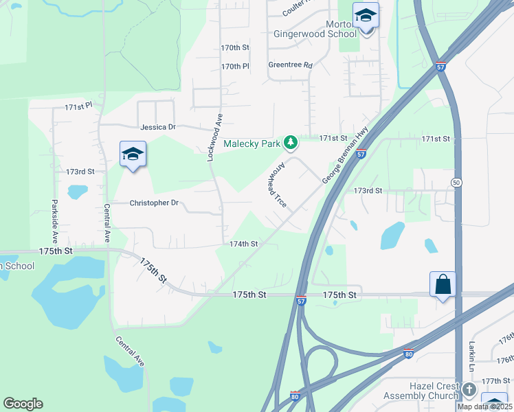 map of restaurants, bars, coffee shops, grocery stores, and more near 5217 Nicholas Court in Oak Forest