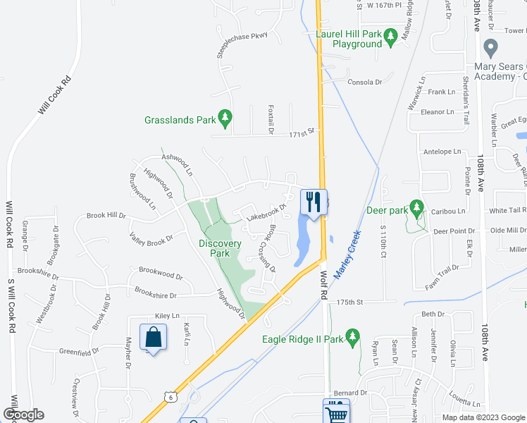map of restaurants, bars, coffee shops, grocery stores, and more near 11350 Lakebrook Court in Orland Park