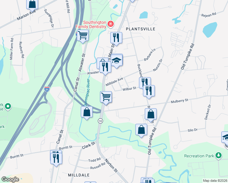 map of restaurants, bars, coffee shops, grocery stores, and more near 32 Barr Street in Southington