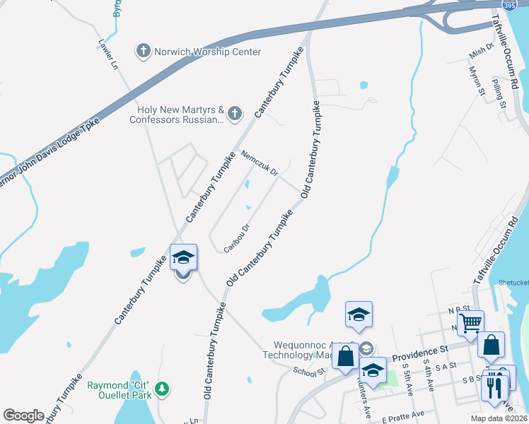 map of restaurants, bars, coffee shops, grocery stores, and more near 12 Caribou Drive in Norwich