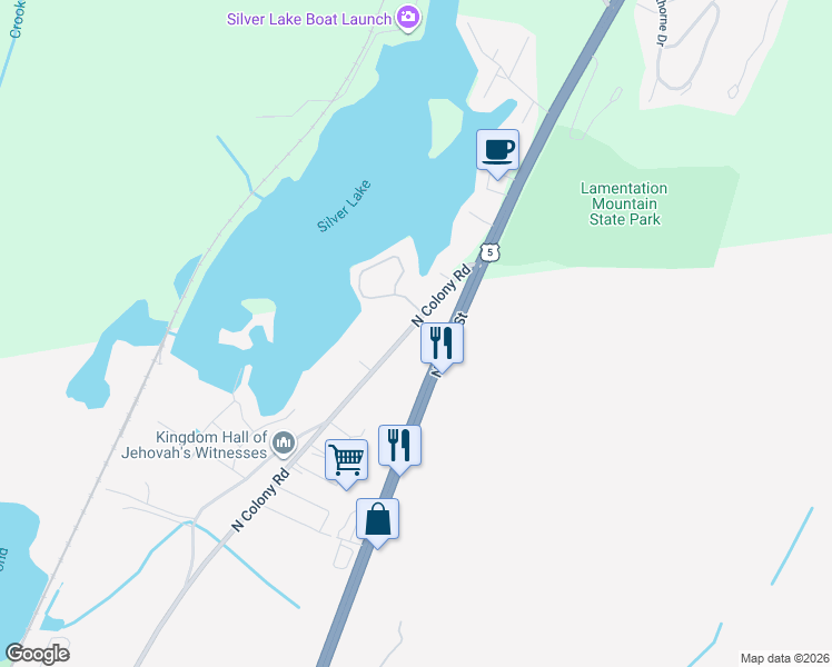 map of restaurants, bars, coffee shops, grocery stores, and more near 1655 North Colony Road in Meriden