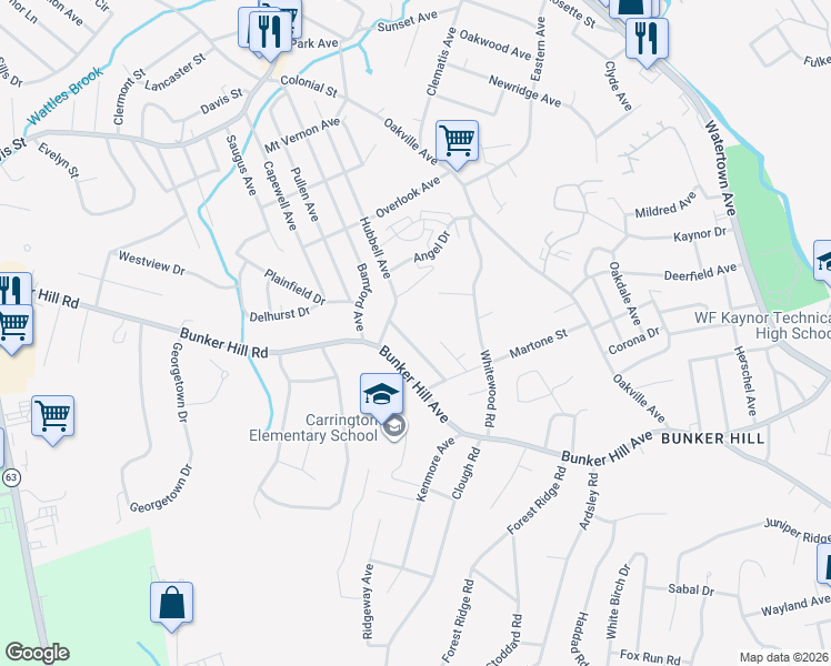 map of restaurants, bars, coffee shops, grocery stores, and more near 60 Venice Avenue in Waterbury