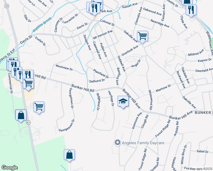 map of restaurants, bars, coffee shops, grocery stores, and more near 984 Bunker Hill Avenue in Waterbury