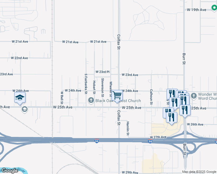 map of restaurants, bars, coffee shops, grocery stores, and more near 2385 Wheeler Street in Gary