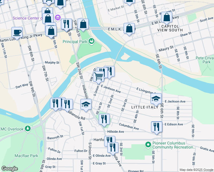 map of restaurants, bars, coffee shops, grocery stores, and more near 1601 Southeast 1st Street in Des Moines